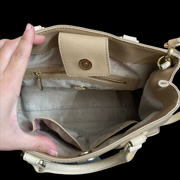 Tory Burch East West Robinson Satchel Tote Color Block Mid Camel Ivory - Picture 7 of 14